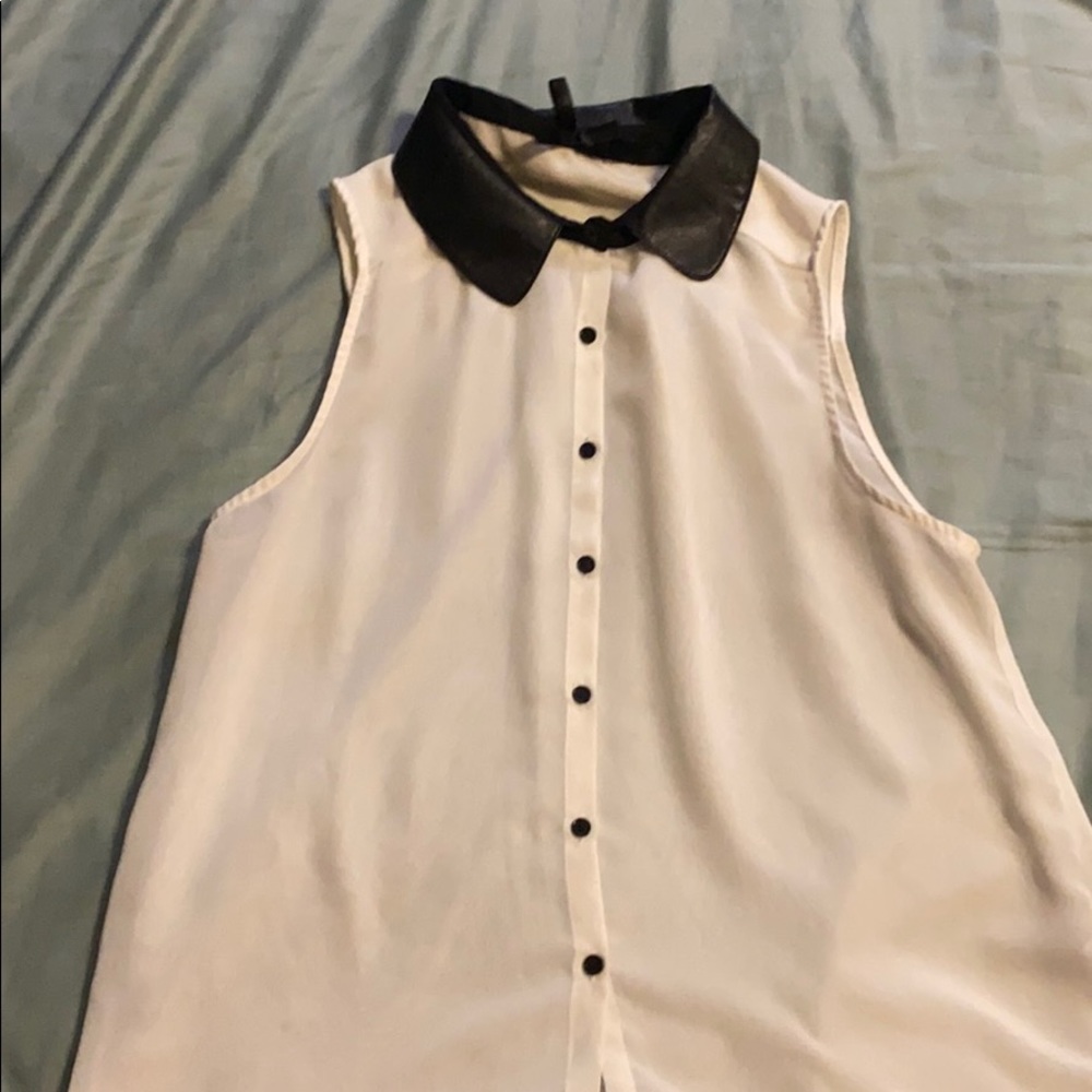 White sleeveless w/ black faux leather collar